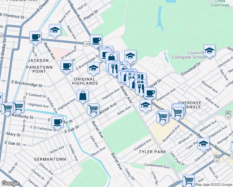 map of restaurants, bars, coffee shops, grocery stores, and more near 1516 Hepburn Avenue in Louisville