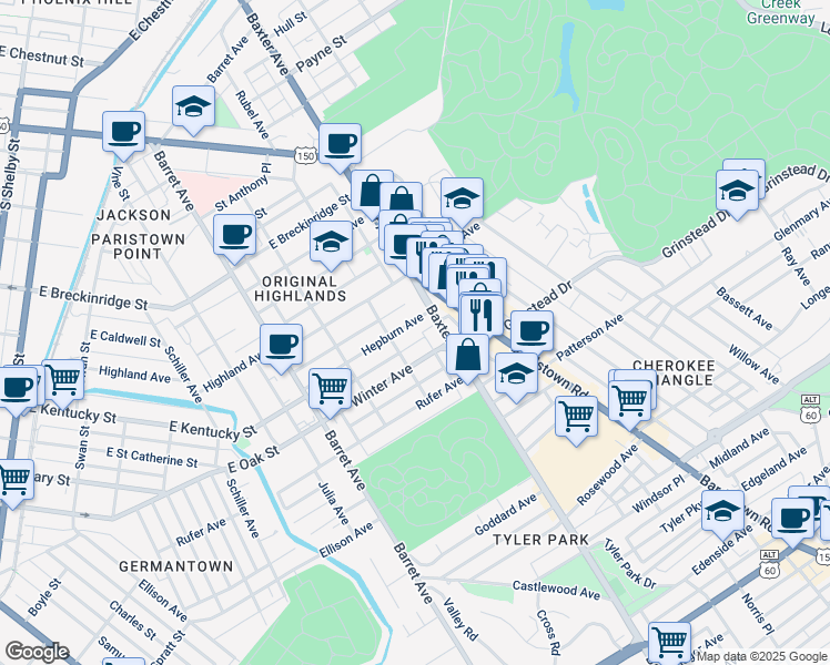 map of restaurants, bars, coffee shops, grocery stores, and more near 1516 Hepburn Avenue in Louisville