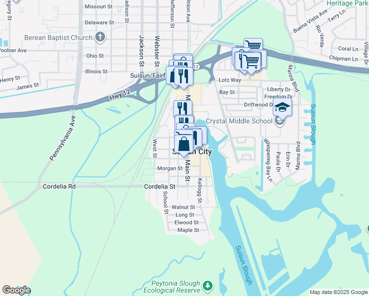 map of restaurants, bars, coffee shops, grocery stores, and more near 710 Suisun Street in Suisun City