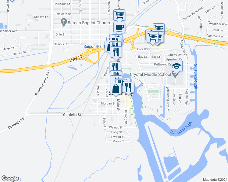 map of restaurants, bars, coffee shops, grocery stores, and more near 710 Suisun Street in Suisun City