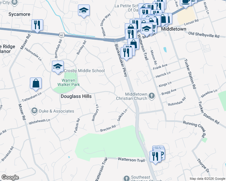 map of restaurants, bars, coffee shops, grocery stores, and more near 503 Lauder Place in Louisville