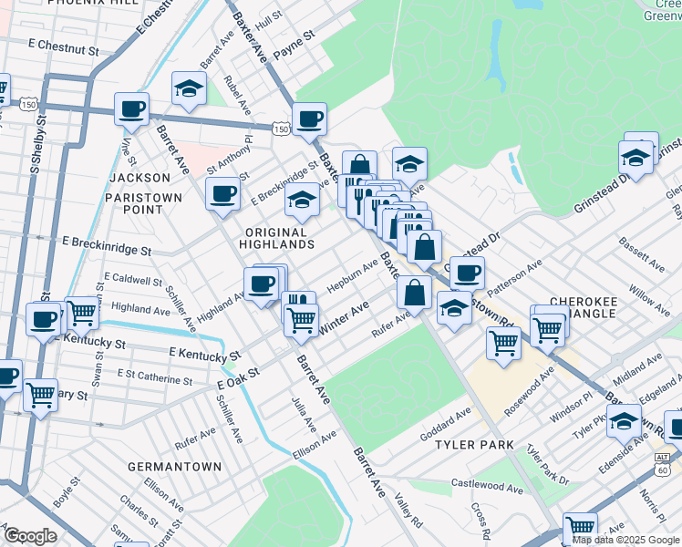 map of restaurants, bars, coffee shops, grocery stores, and more near 1436 Hepburn Avenue in Louisville
