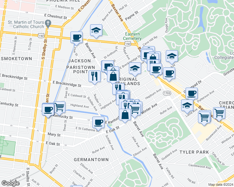 map of restaurants, bars, coffee shops, grocery stores, and more near 959 Barret Avenue in Louisville