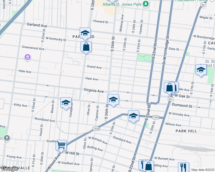 map of restaurants, bars, coffee shops, grocery stores, and more near 2615 Virginia Avenue in Louisville