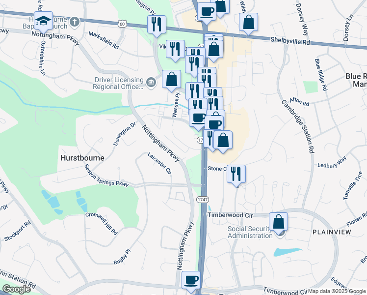 map of restaurants, bars, coffee shops, grocery stores, and more near 527 Nottingham Parkway in Louisville