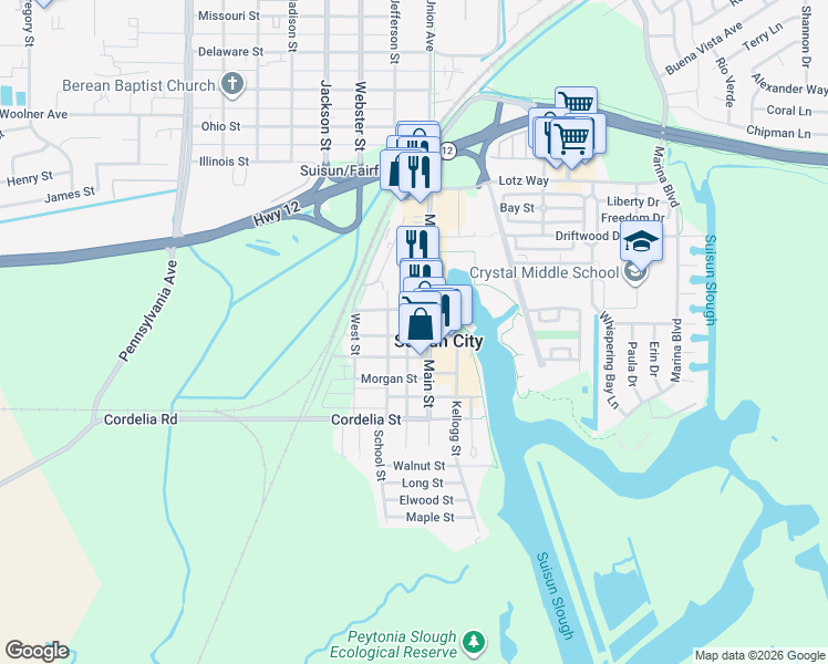 map of restaurants, bars, coffee shops, grocery stores, and more near 710 Suisun Street in Suisun City