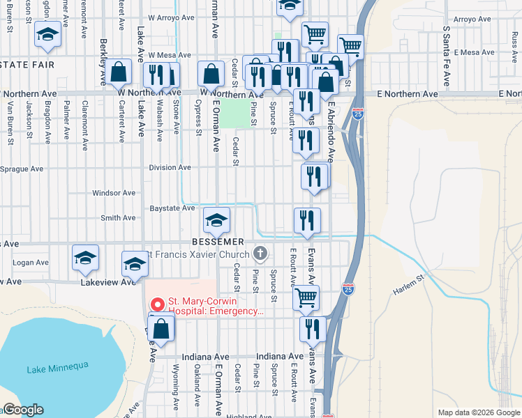 map of restaurants, bars, coffee shops, grocery stores, and more near 1621 Spruce Street in Pueblo