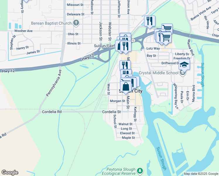 map of restaurants, bars, coffee shops, grocery stores, and more near 200 Solano Street in Suisun City