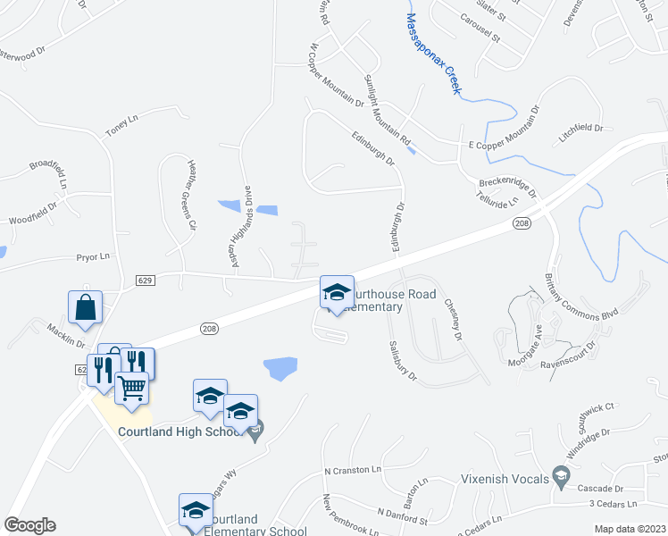map of restaurants, bars, coffee shops, grocery stores, and more near 9900 Courthouse Road in Spotsylvania Courthouse