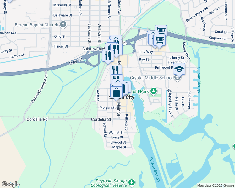 map of restaurants, bars, coffee shops, grocery stores, and more near 710 Suisun Street in Suisun City