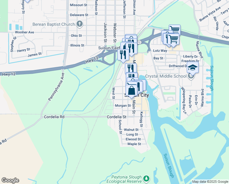 map of restaurants, bars, coffee shops, grocery stores, and more near 200 Solano Street in Suisun City