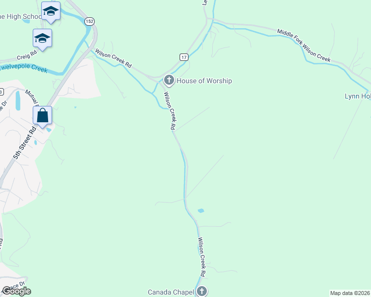 map of restaurants, bars, coffee shops, grocery stores, and more near 2103 Wilson Creek Road in Wayne