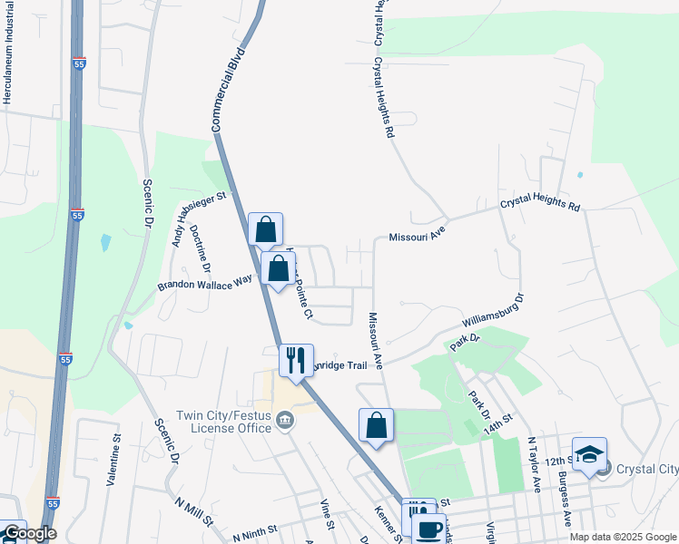 map of restaurants, bars, coffee shops, grocery stores, and more near 104 Riverport Drive in Crystal City