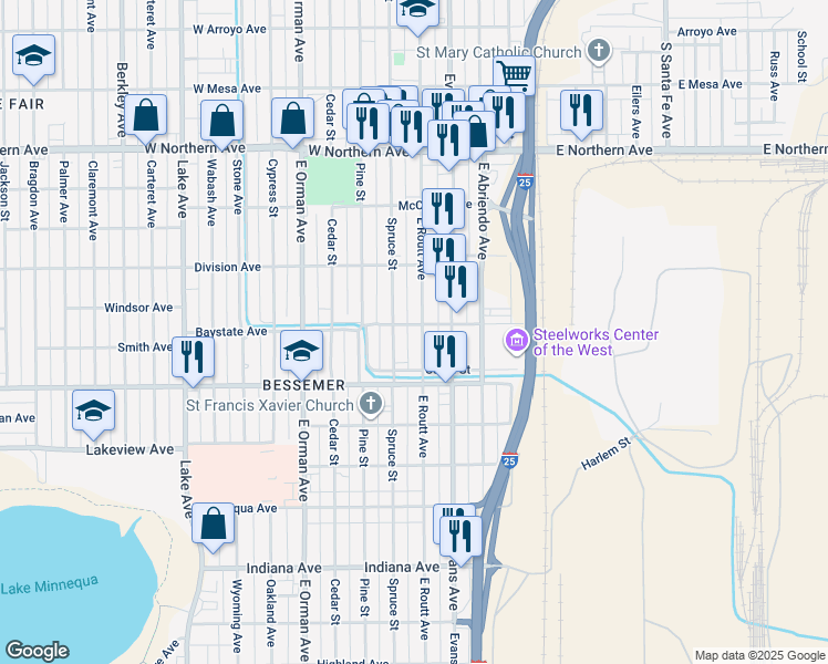 map of restaurants, bars, coffee shops, grocery stores, and more near 1626 East Routt Avenue in Pueblo