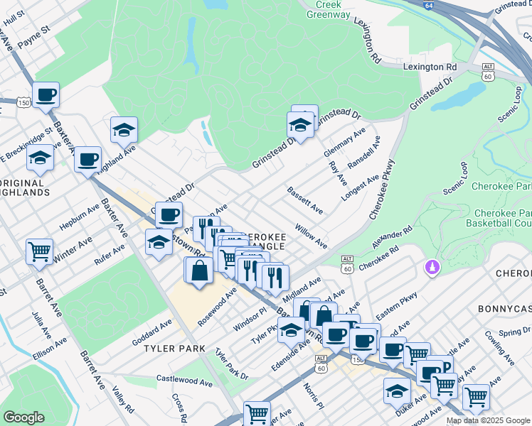 map of restaurants, bars, coffee shops, grocery stores, and more near 1278 Willow Avenue in Louisville