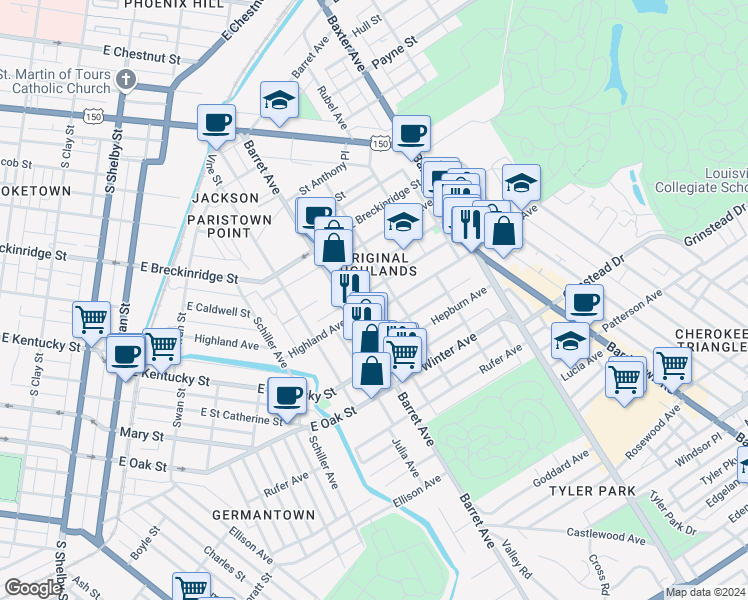map of restaurants, bars, coffee shops, grocery stores, and more near 1322 Highland Avenue in Louisville