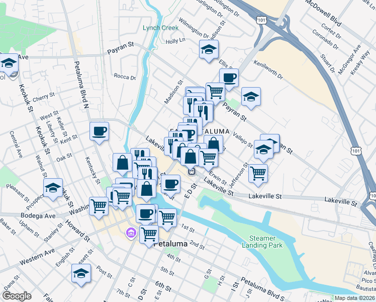 map of restaurants, bars, coffee shops, grocery stores, and more near 440 East Washington Street in Petaluma