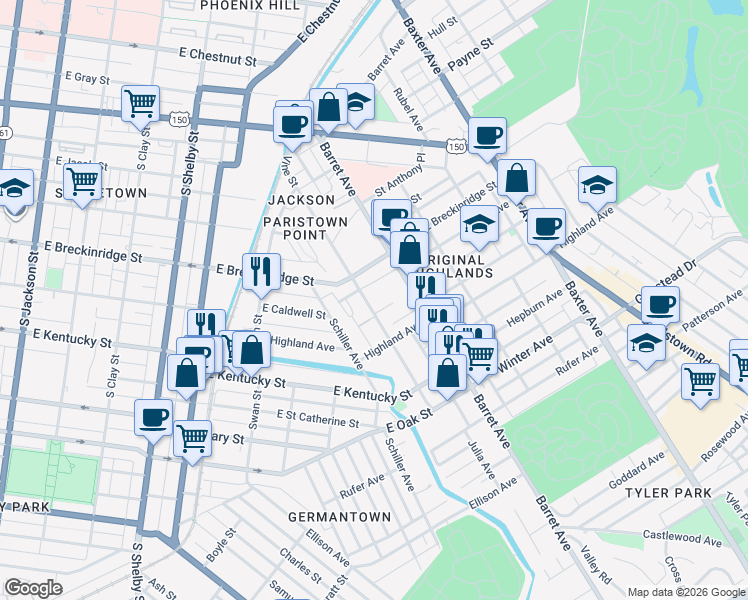 map of restaurants, bars, coffee shops, grocery stores, and more near 929 Schiller Court in Louisville
