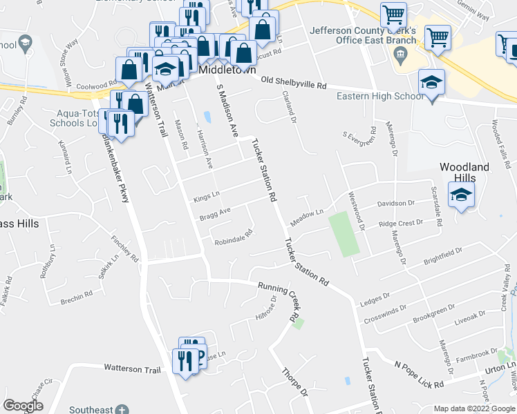 map of restaurants, bars, coffee shops, grocery stores, and more near 11920 Bragg Avenue in Louisville