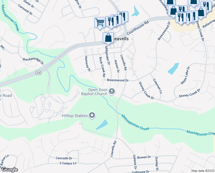 map of restaurants, bars, coffee shops, grocery stores, and more near Mill Road in Spotsylvania County