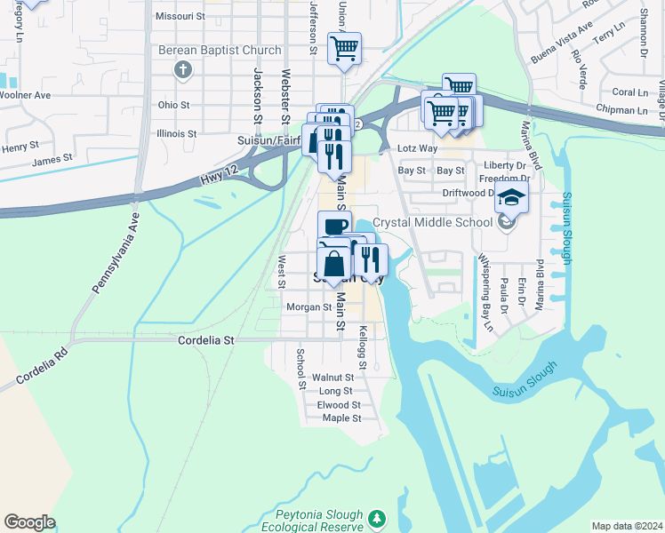 map of restaurants, bars, coffee shops, grocery stores, and more near 615 Main Street in Suisun City
