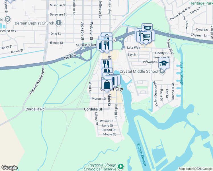 map of restaurants, bars, coffee shops, grocery stores, and more near 615 Main Street in Suisun City