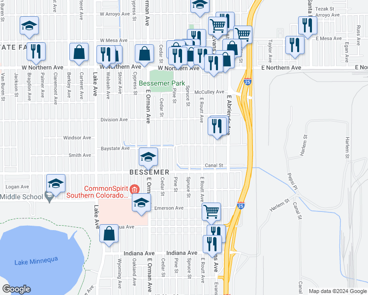 map of restaurants, bars, coffee shops, grocery stores, and more near 608 Bay State Avenue in Pueblo