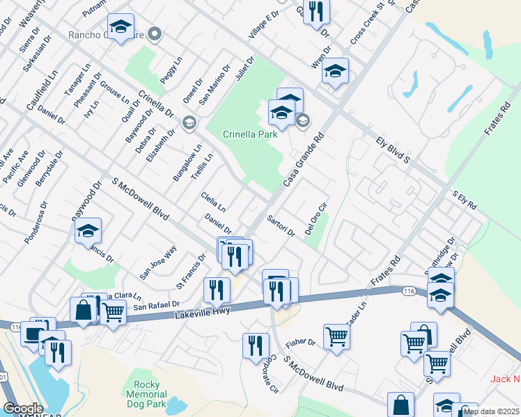 map of restaurants, bars, coffee shops, grocery stores, and more near 1553 Casa Grande Road in Petaluma
