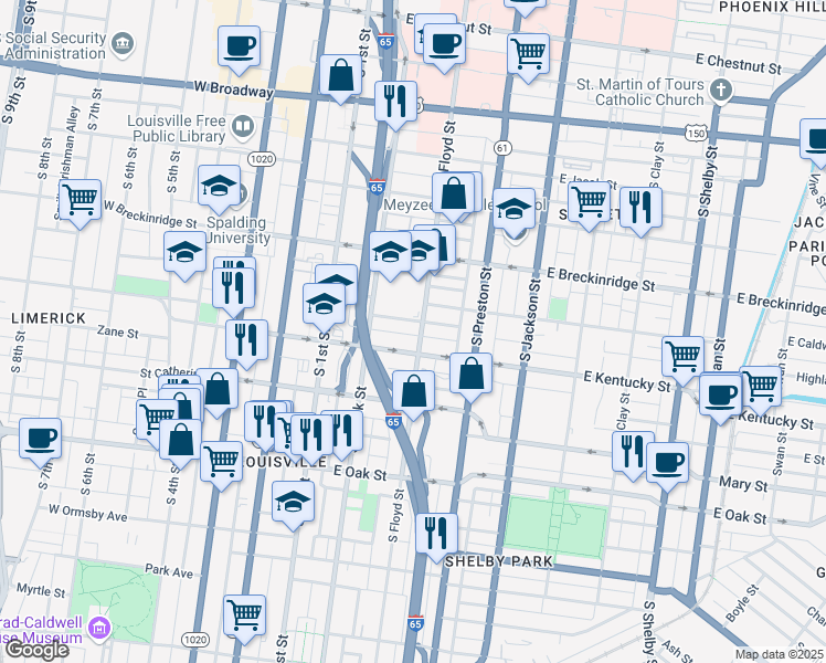 map of restaurants, bars, coffee shops, grocery stores, and more near in Louisville