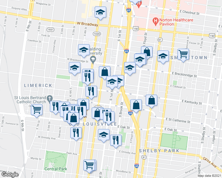 map of restaurants, bars, coffee shops, grocery stores, and more near 2 South 1st Street in Louisville