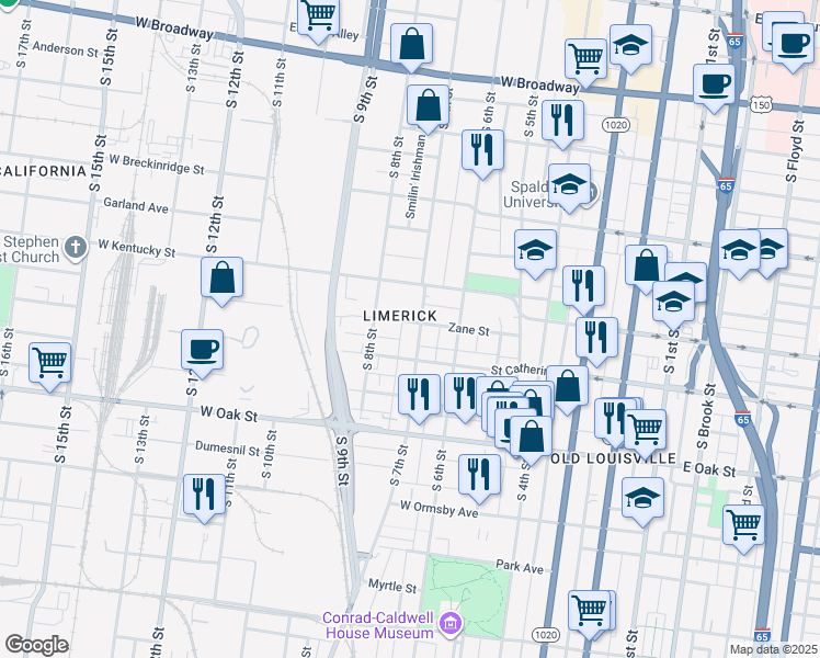 map of restaurants, bars, coffee shops, grocery stores, and more near 715 Saint Catherine Street in Louisville