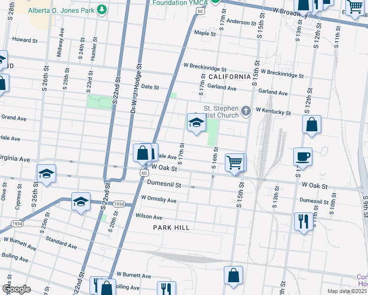 map of restaurants, bars, coffee shops, grocery stores, and more near 1653 Hale Avenue in Louisville