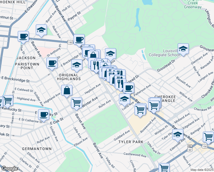 map of restaurants, bars, coffee shops, grocery stores, and more near 1523 Winter Avenue in Louisville
