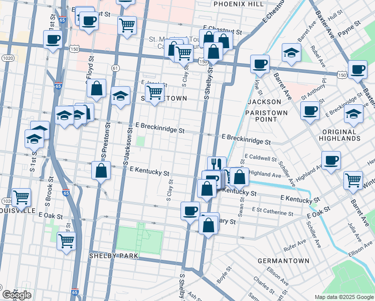 map of restaurants, bars, coffee shops, grocery stores, and more near 727 Speckert Court in Louisville