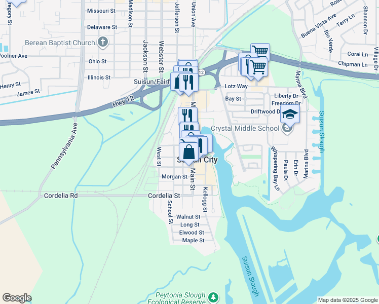 map of restaurants, bars, coffee shops, grocery stores, and more near 710 Suisun Street in Suisun City