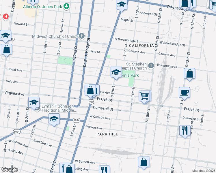 map of restaurants, bars, coffee shops, grocery stores, and more near 1724 Hale Avenue in Louisville