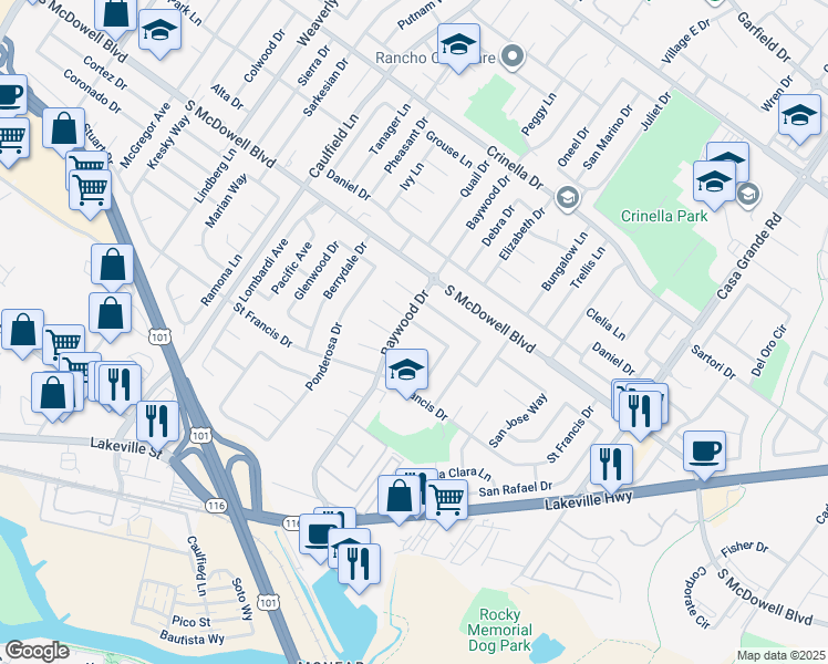 map of restaurants, bars, coffee shops, grocery stores, and more near 1006 Palmetto Way in Petaluma