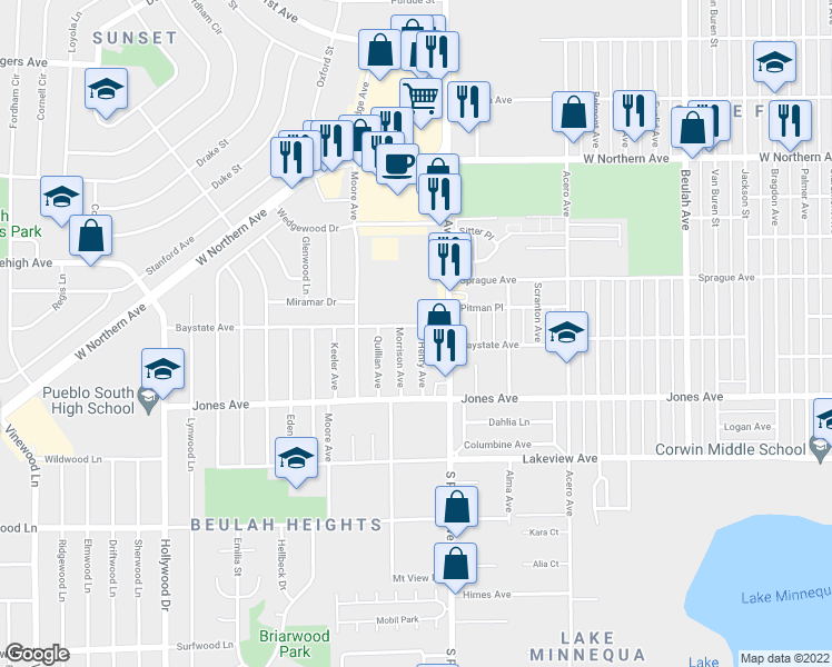 map of restaurants, bars, coffee shops, grocery stores, and more near 1703 Henry Avenue in Pueblo