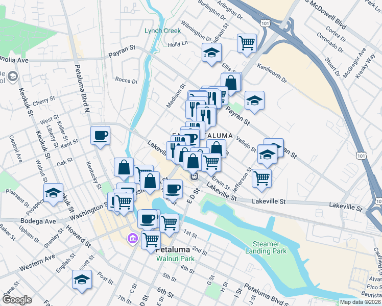 map of restaurants, bars, coffee shops, grocery stores, and more near 440 East Washington Street in Petaluma