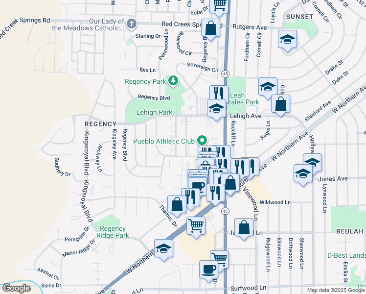 map of restaurants, bars, coffee shops, grocery stores, and more near 32 Royal Crest Drive in Pueblo