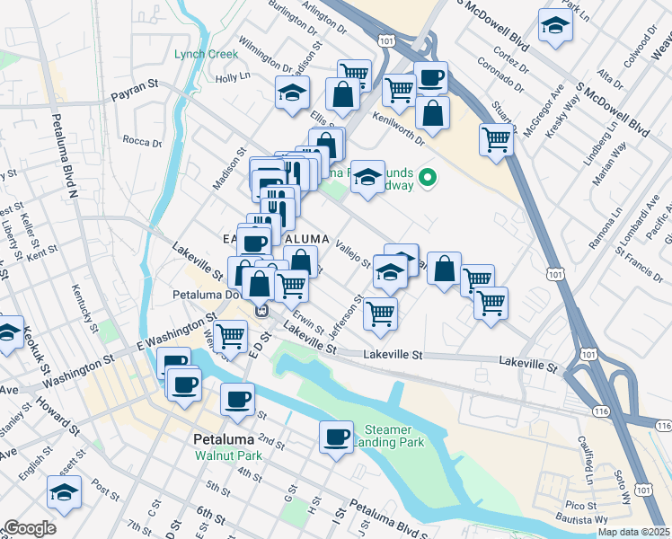 map of restaurants, bars, coffee shops, grocery stores, and more near 308 Vallejo Street in Petaluma
