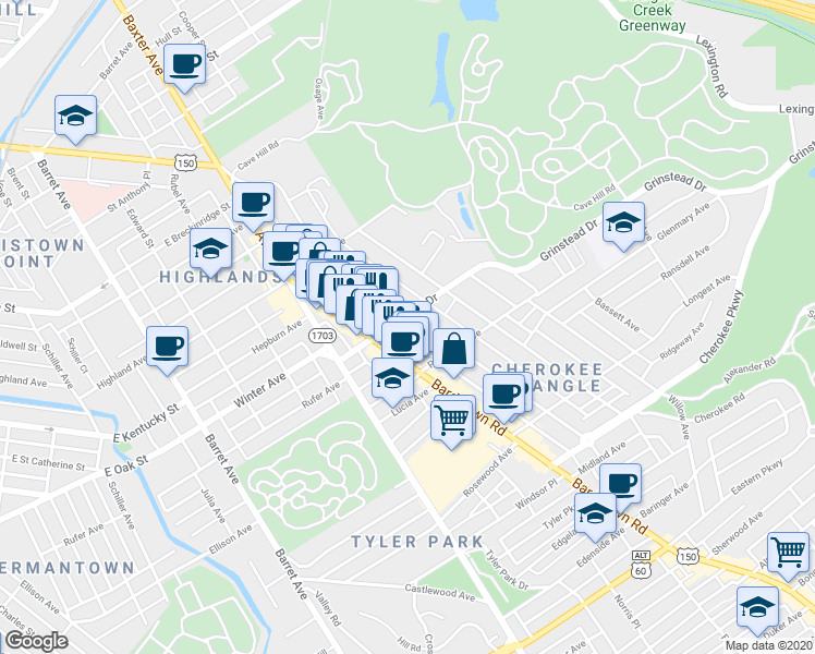 map of restaurants, bars, coffee shops, grocery stores, and more near in Louisville