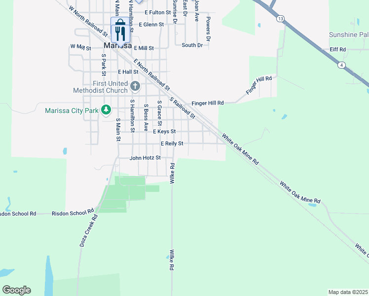 map of restaurants, bars, coffee shops, grocery stores, and more near 806 South Meek Avenue in Marissa