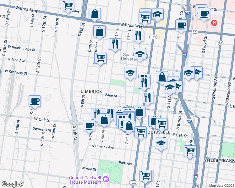 map of restaurants, bars, coffee shops, grocery stores, and more near 1000 South 5th Street in Louisville
