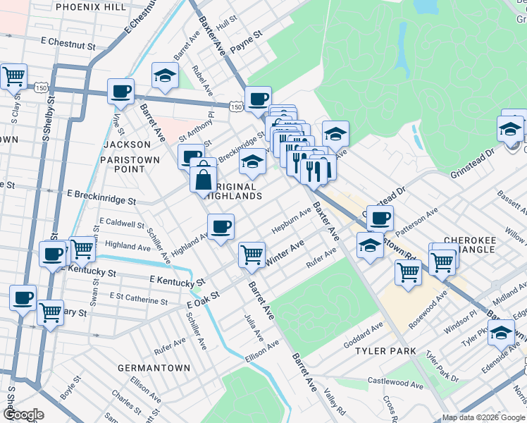 map of restaurants, bars, coffee shops, grocery stores, and more near 1418 Highland Avenue in Louisville