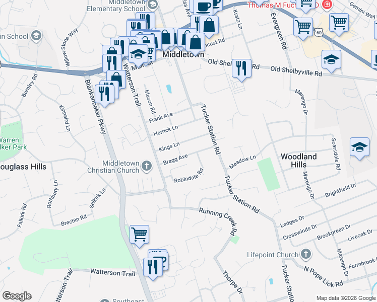 map of restaurants, bars, coffee shops, grocery stores, and more near 11703 Kings Lane in Louisville