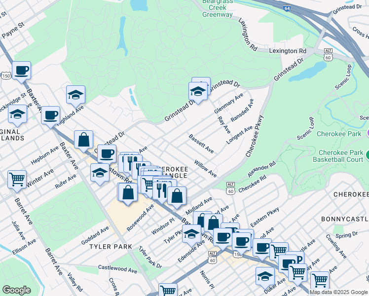 map of restaurants, bars, coffee shops, grocery stores, and more near 2318 Glenmary Avenue in Louisville