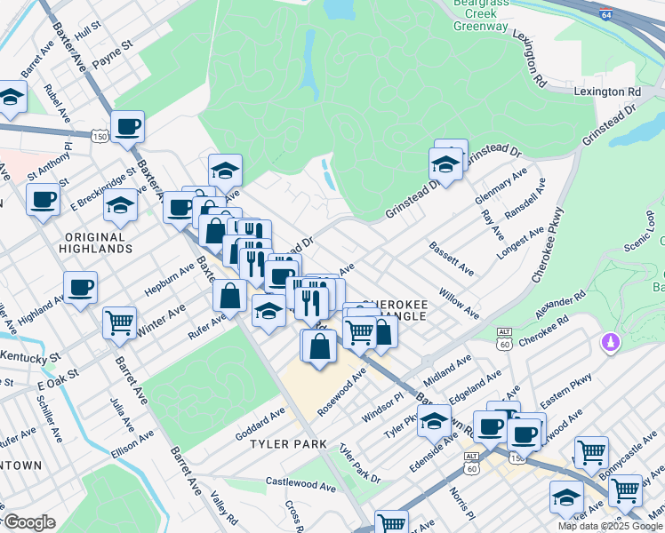 map of restaurants, bars, coffee shops, grocery stores, and more near 1116 Everett Avenue in Louisville