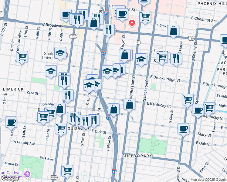 map of restaurants, bars, coffee shops, grocery stores, and more near 931 South Floyd Street in Louisville