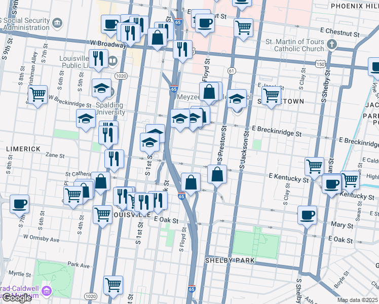 map of restaurants, bars, coffee shops, grocery stores, and more near 939 South Brook Street in Louisville